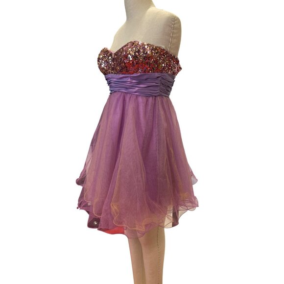 Strapless Sequined Chicas Dress S Purple Tulle & Satin Made In China Short Prom - Picture 8 of 9